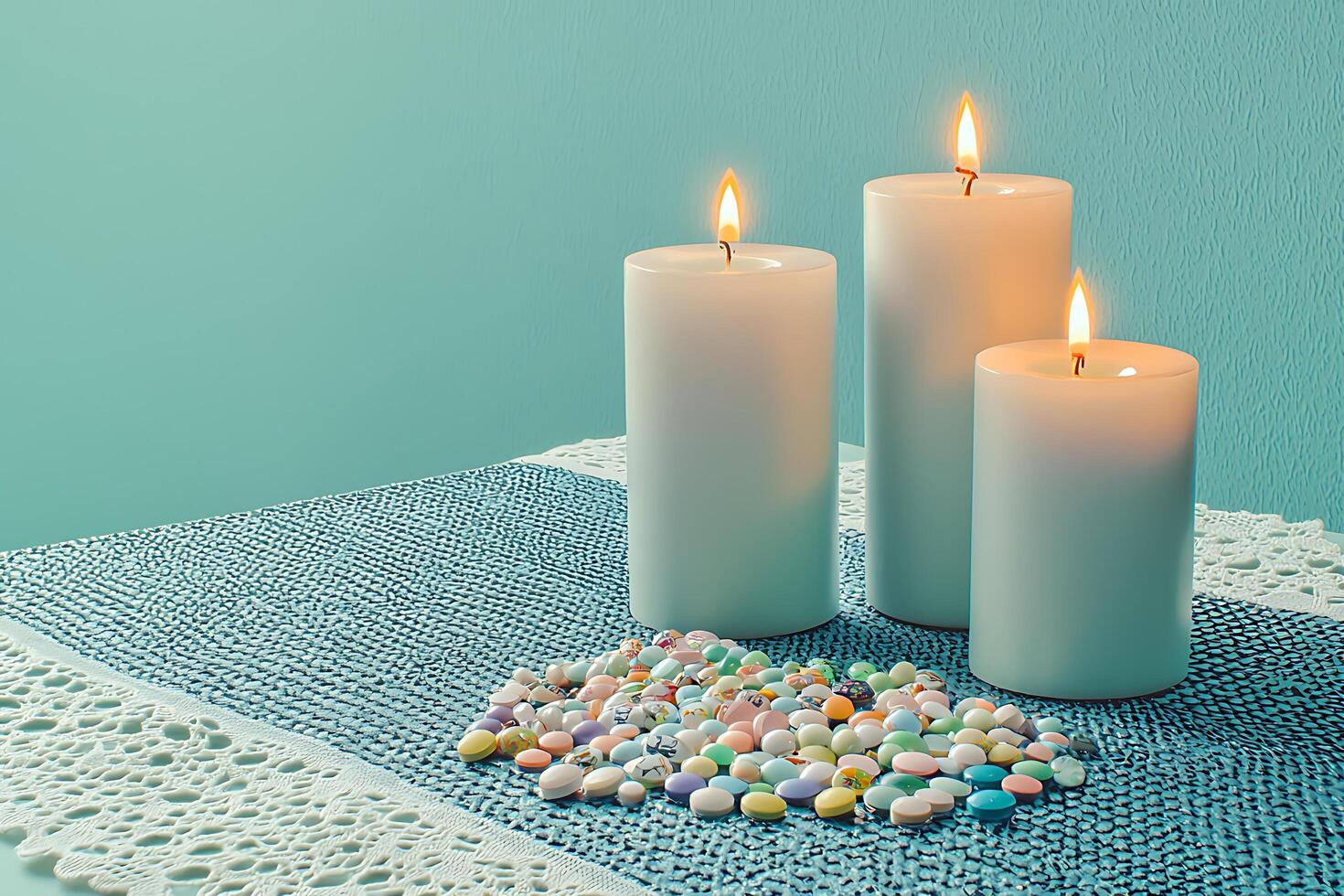Three Burning Candles and Colorful Candies Arranged in a Heart Shape on a Textured Surface. photo