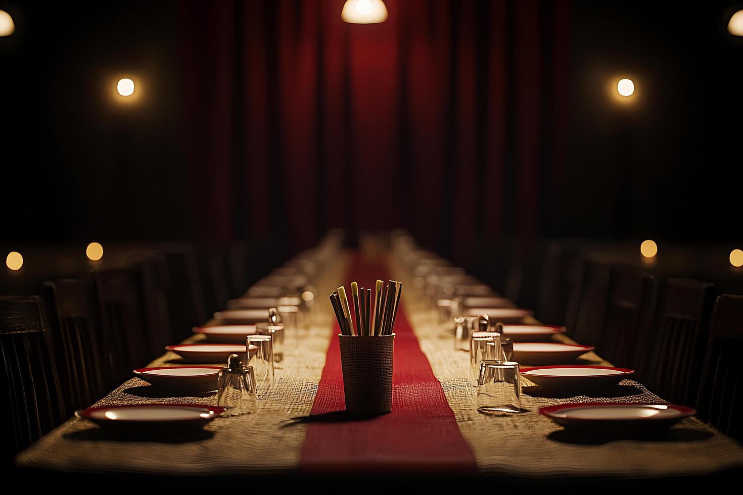 Long Table Setting with Chopsticks at a Formal Dinner. An image of elegant place settings at a dimly lit dinner party. photo