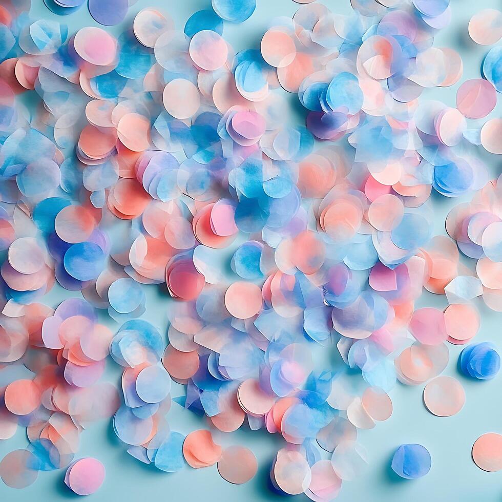 Pastel Colored Circles Scattered on a Light Blue Background. Festive, Bright and Airy Design. photo