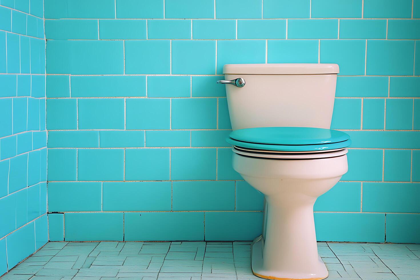 Retro Bathroom Toilet with Teal Tile Walls. A vintage-style toilet with a teal seat sits against a backdrop of turquoise tiled walls. photo