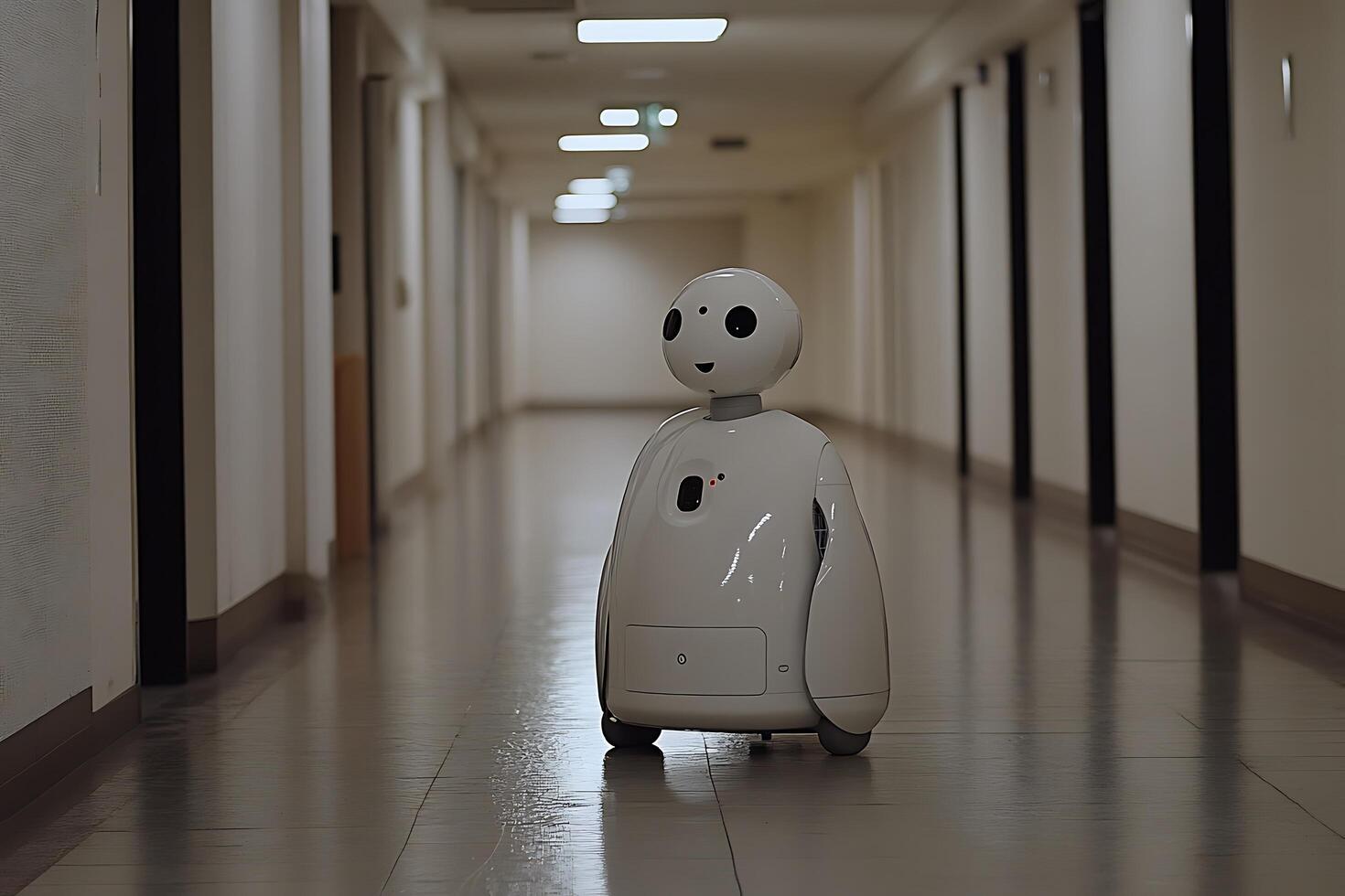 Autonomous Robot in Modern Office Corridor AI and Automation Concept. photo