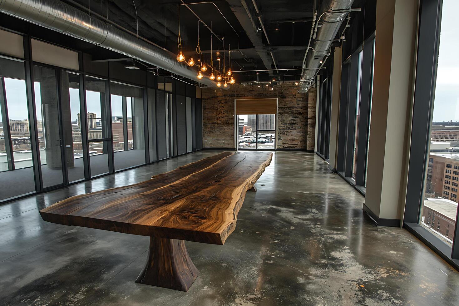 Live Edge Wood Conference Table in Modern Loft Office. A stunning live edge walnut table sits in a contemporary office space with expansive city views. photo