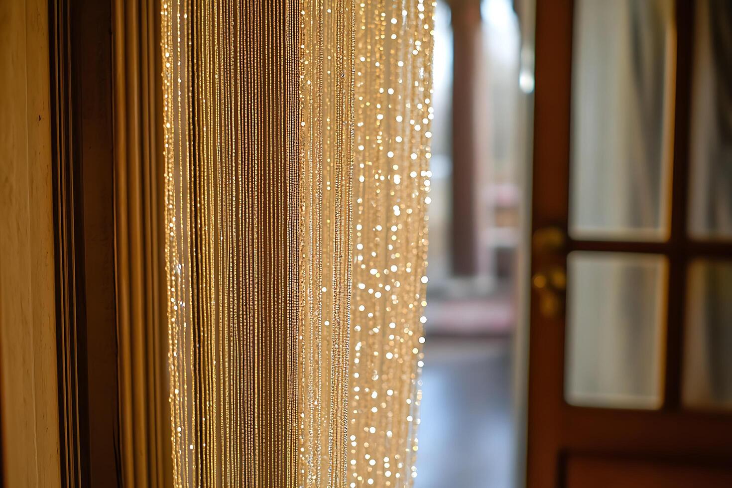 Sparkling Beaded Curtain Dividing Interior Space. A close-up image showing shimmering strands of beads creating a luxurious room divider. photo
