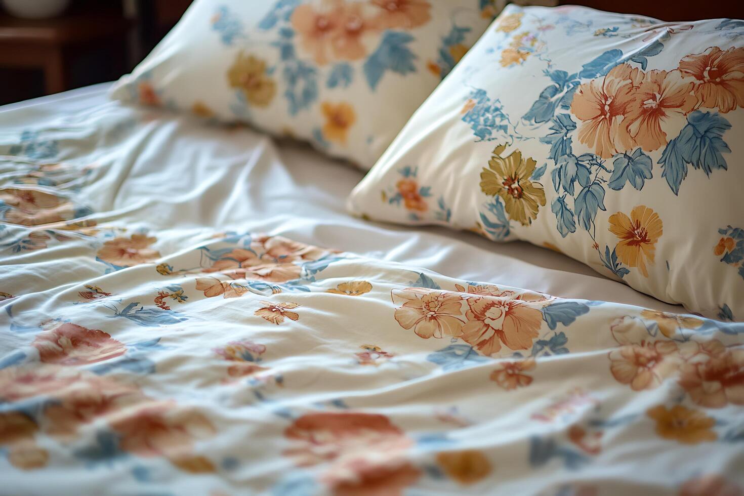 Soft, Floral Bedding Close-up of a Wrinkled, Flower-Patterned Bedspread and Pillows. photo