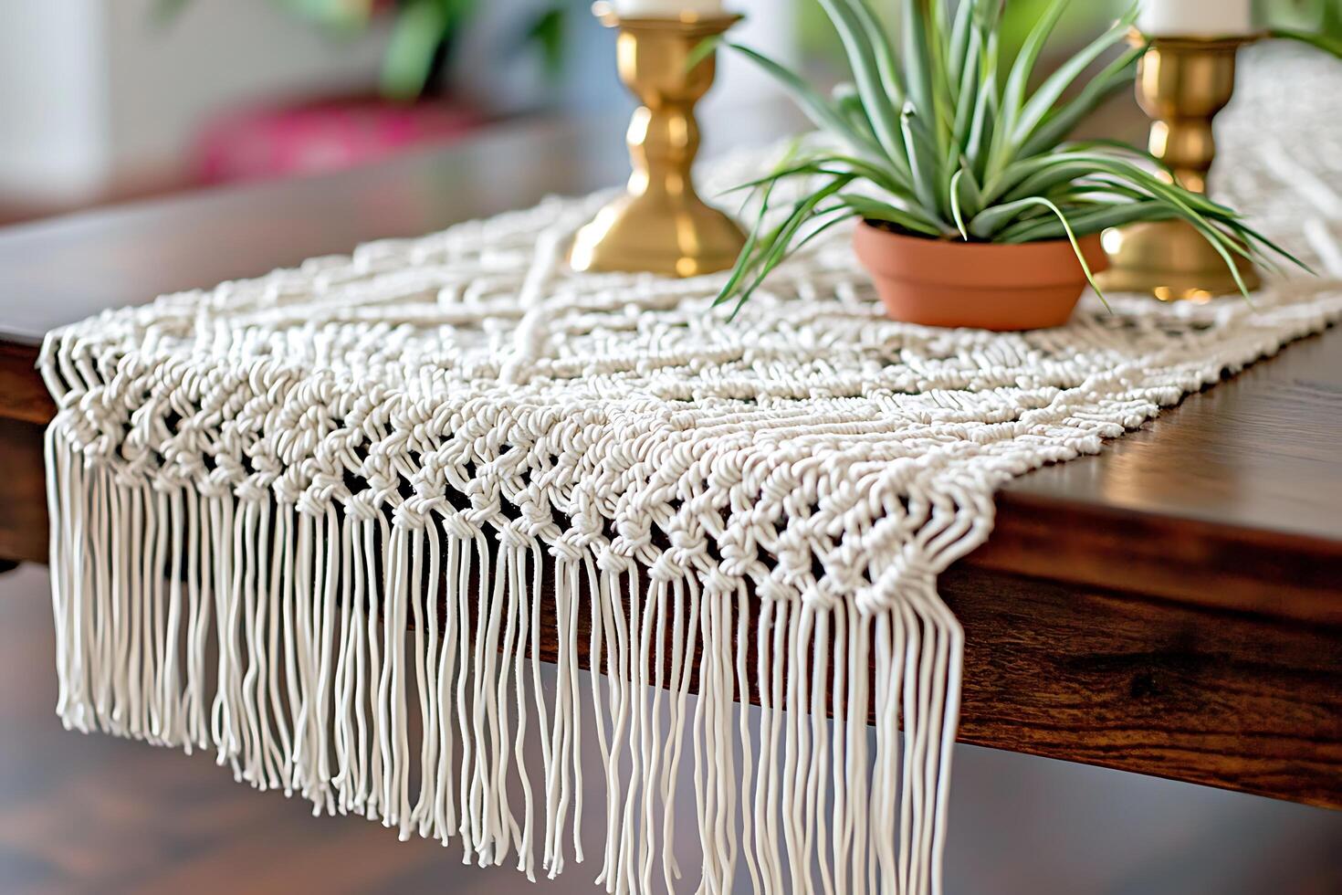 Handmade Macrame Table Runner with Tassels, Elegant Home Decor. photo