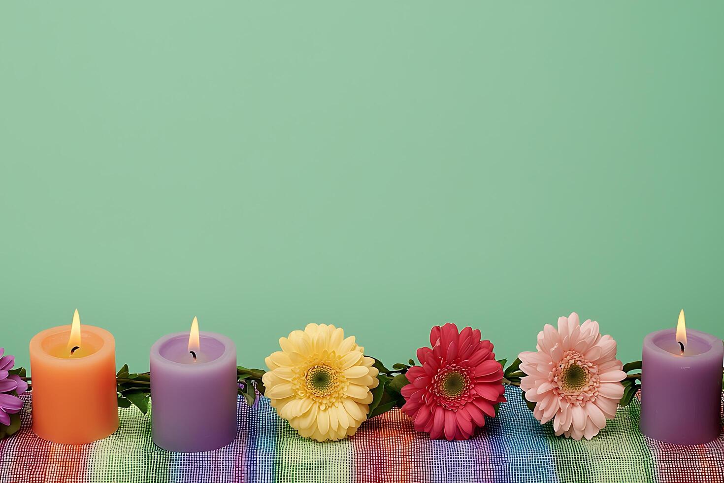 Serene Still Life Colorful Gerbera Daisies and Lit Candles on a Striped Tablecloth. photo