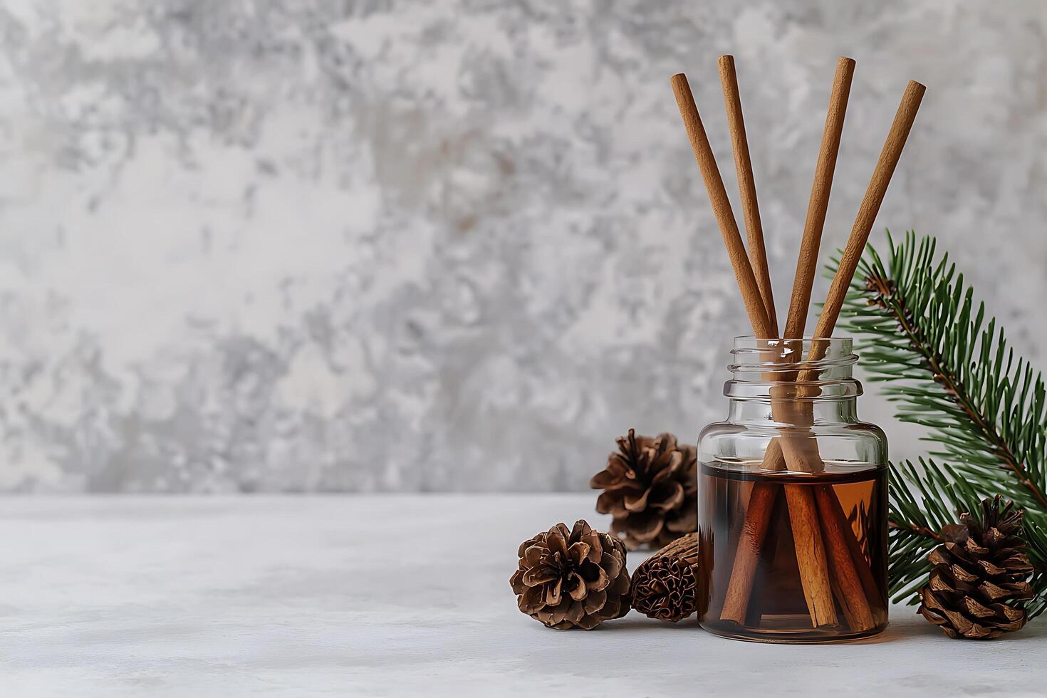 Aromatic Reed Diffuser with Cinnamon and Pine Scents Cozy Winter Home Fragrance. photo