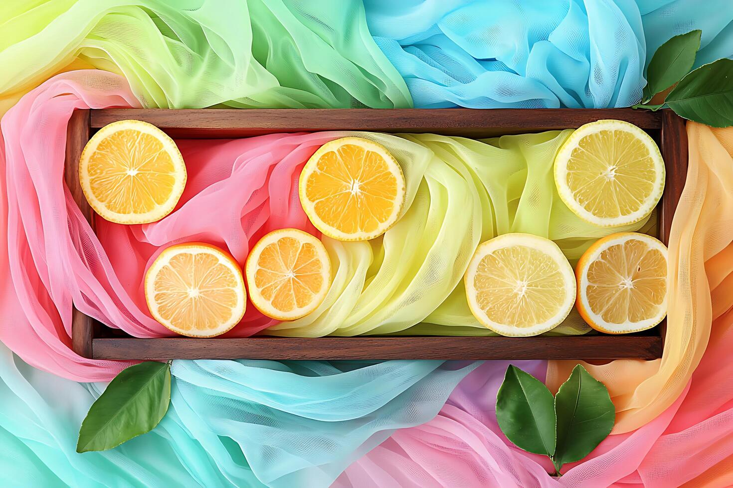 Sliced Lemons in Wooden Box on Colorful Fabric. A vibrant, overhead shot of fresh lemon slices arranged in a wooden crate, set against a backdrop of pastel-colored fabric. photo