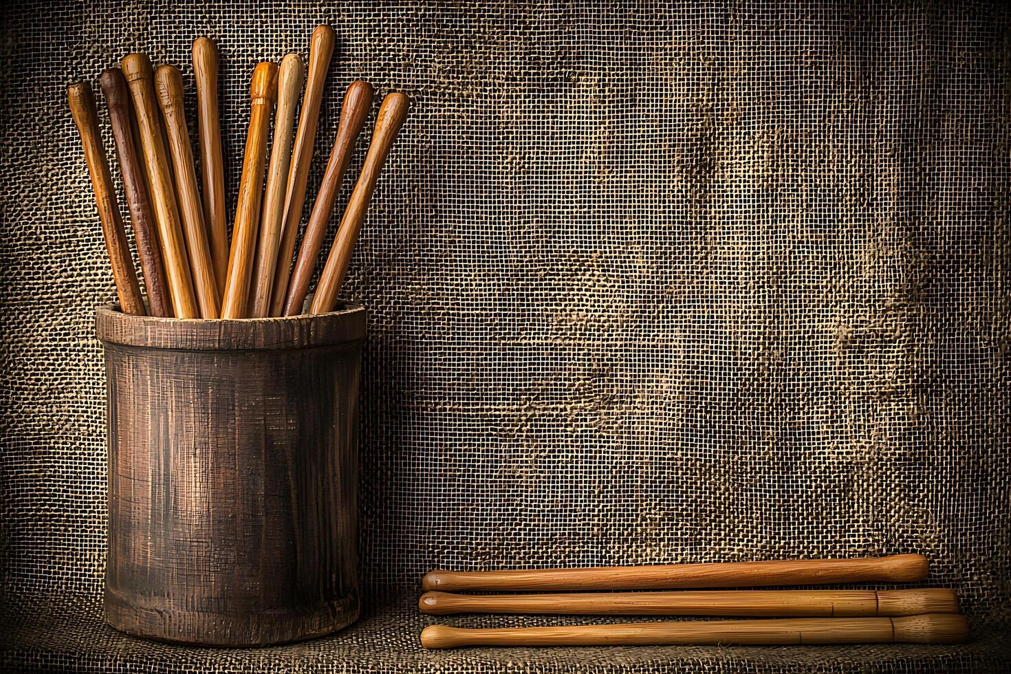 Wooden Dowels in Rustic Container Against Burlap Background A Still Life Image. photo
