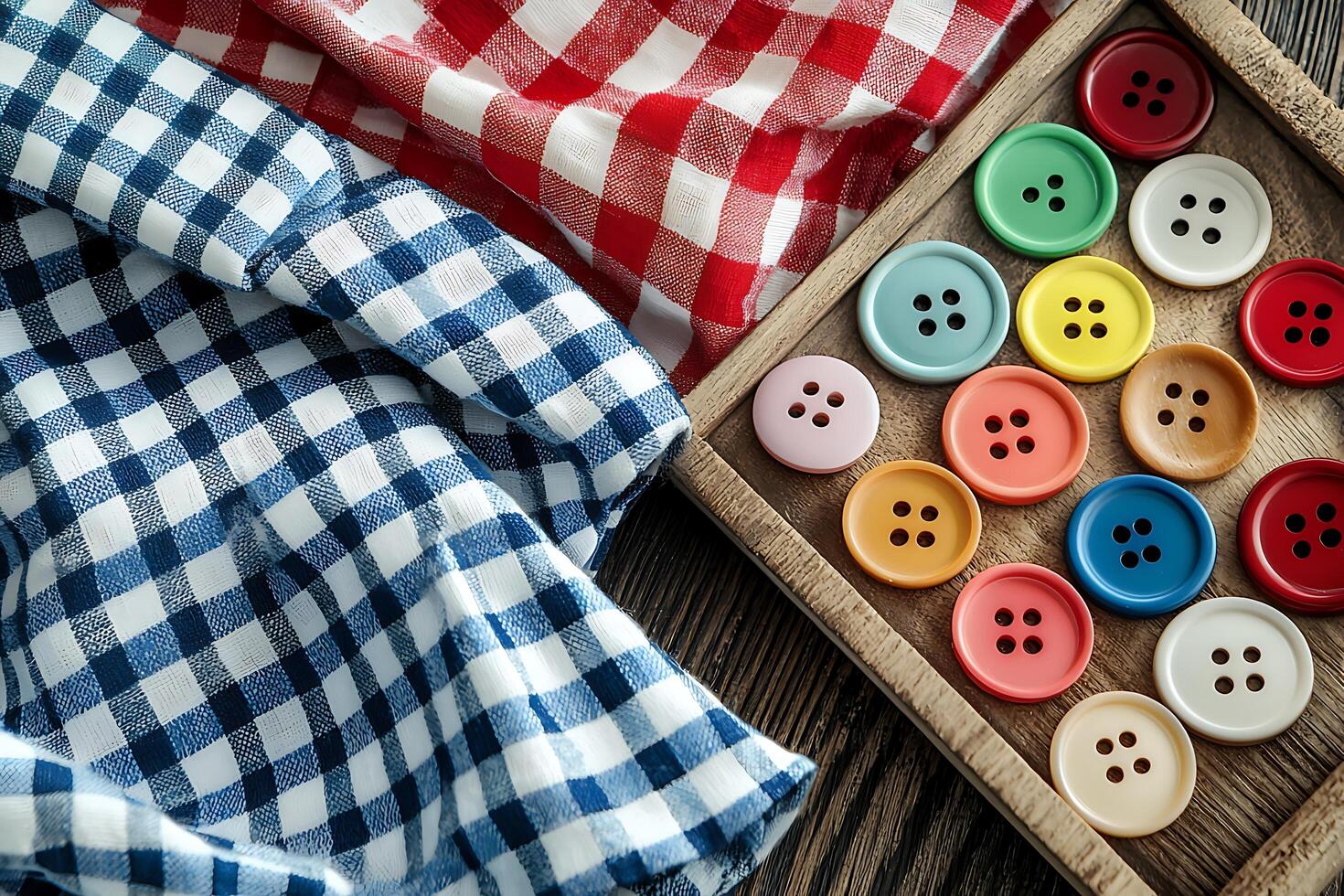 Colorful Buttons and Gingham Fabric on Wooden Tray A Still Life Image. photo