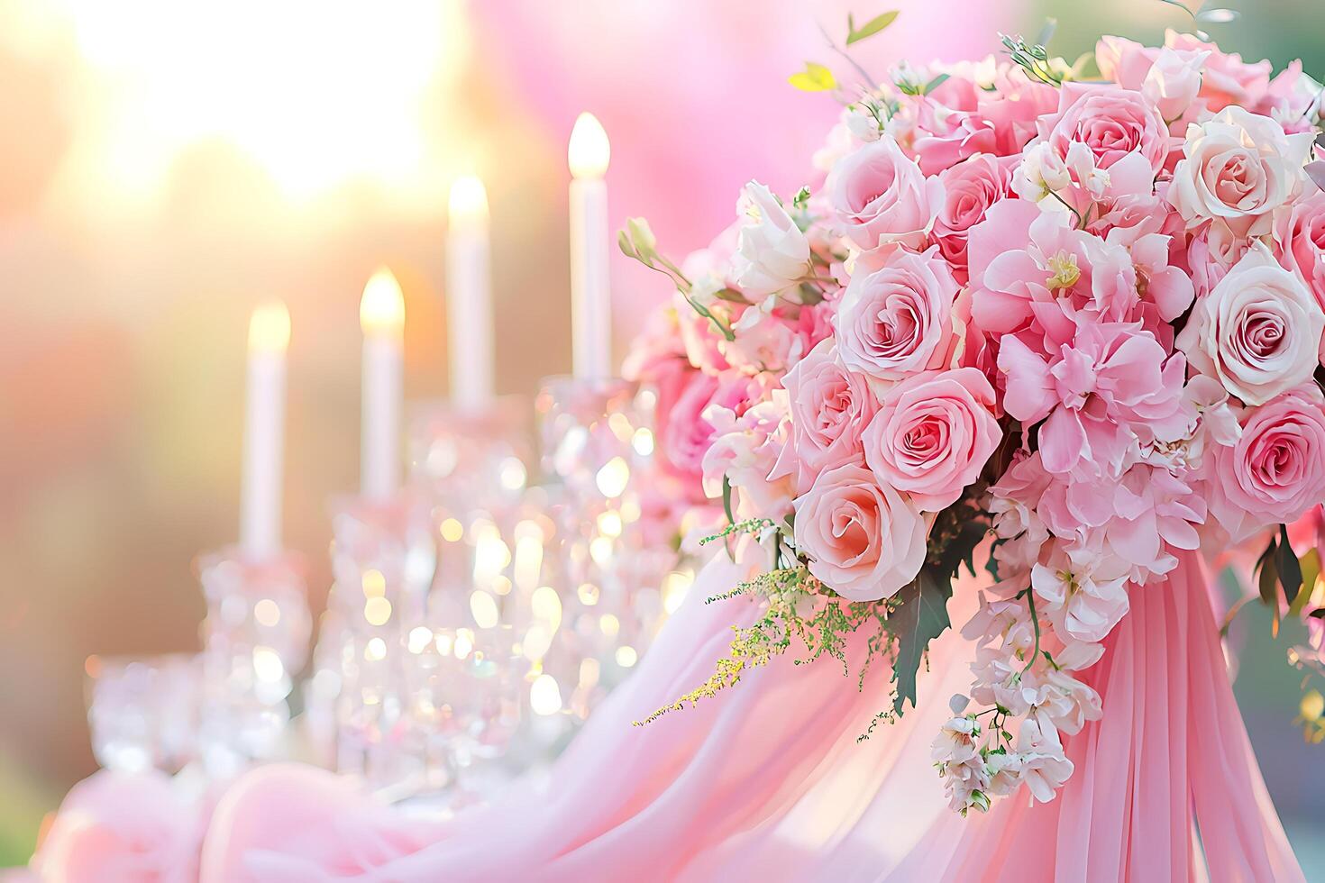 Romantic Pink Rose Bouquet and Candles at Sunset Wedding Reception. A captivating image perfect for wedding invitations, websites, and romantic themed designs. photo