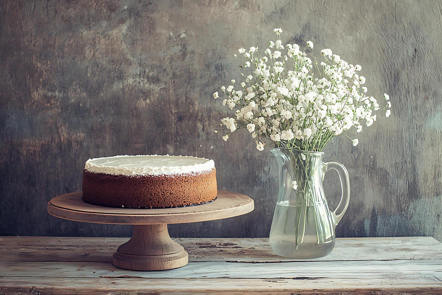 Delicious Cake on Rustic Wooden Stand with White Flowers. A delightful image perfect for blogs, websites, or culinary publications. photo