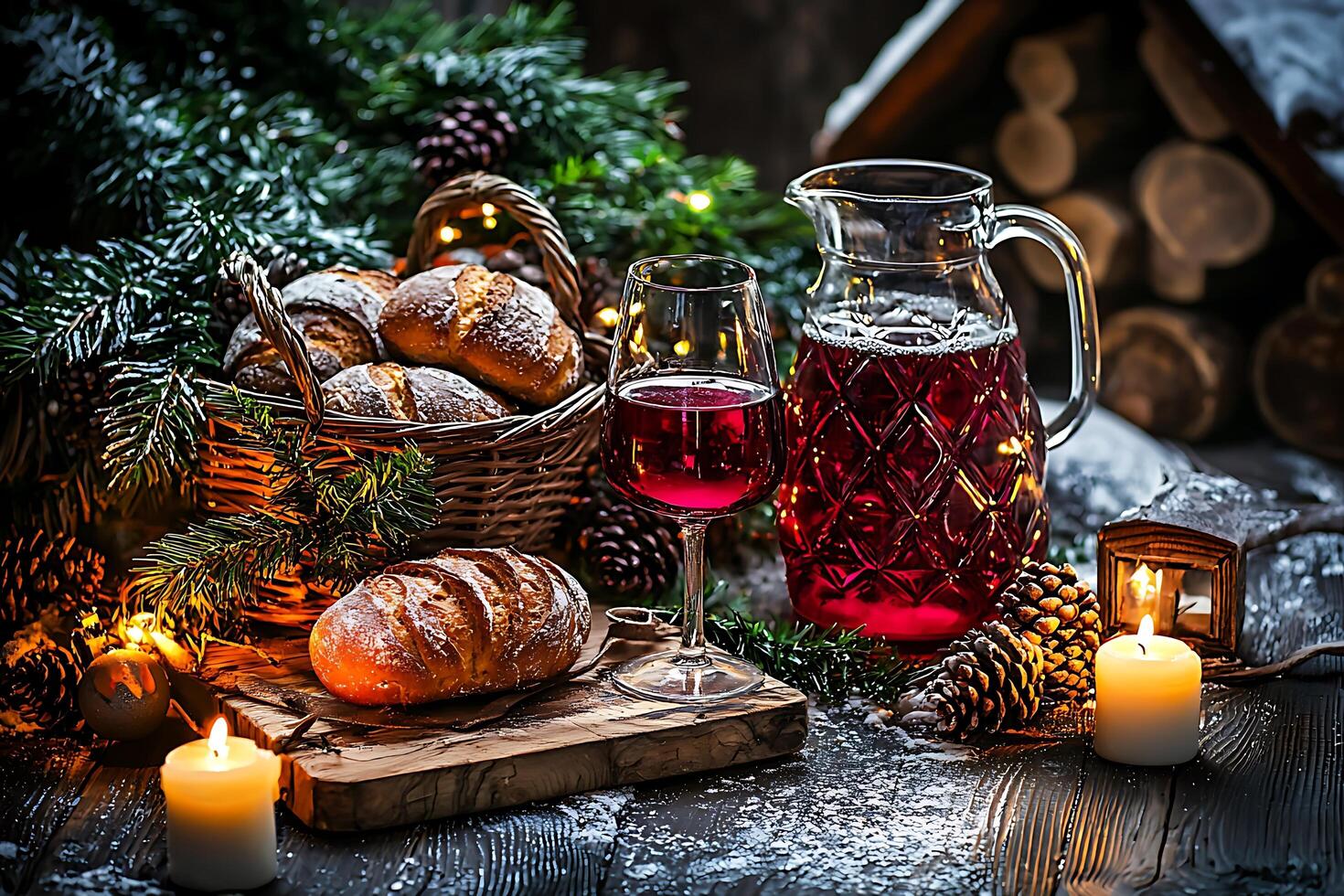 Festive Holiday Still Life Red Wine, Bread, and Winter Accents. photo
