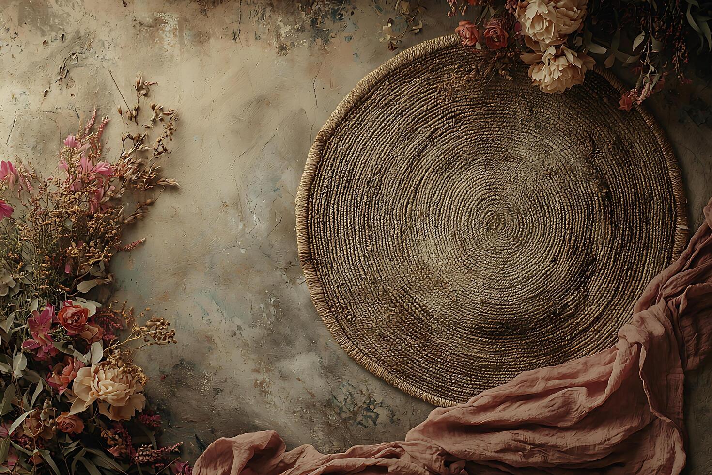 Rustic Floral Background with Woven Mat and Fabric Drape. This image features a beautifully styled flat lay perfect for product displays or design inspiration. photo