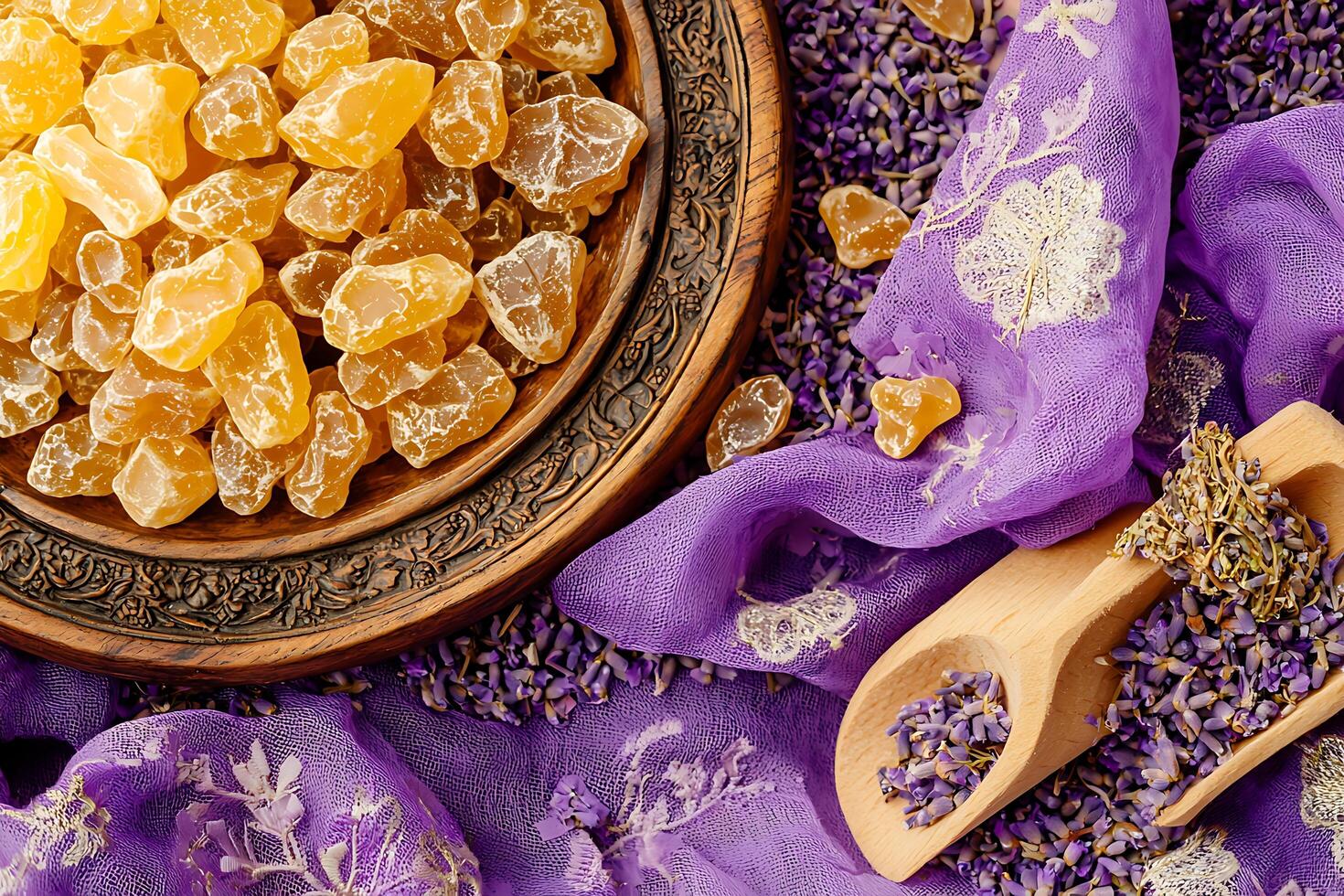 Aromatic Amber Resin and Dried Lavender Flowers on Purple Fabric. A Still Life Featuring Natural Ingredients. photo