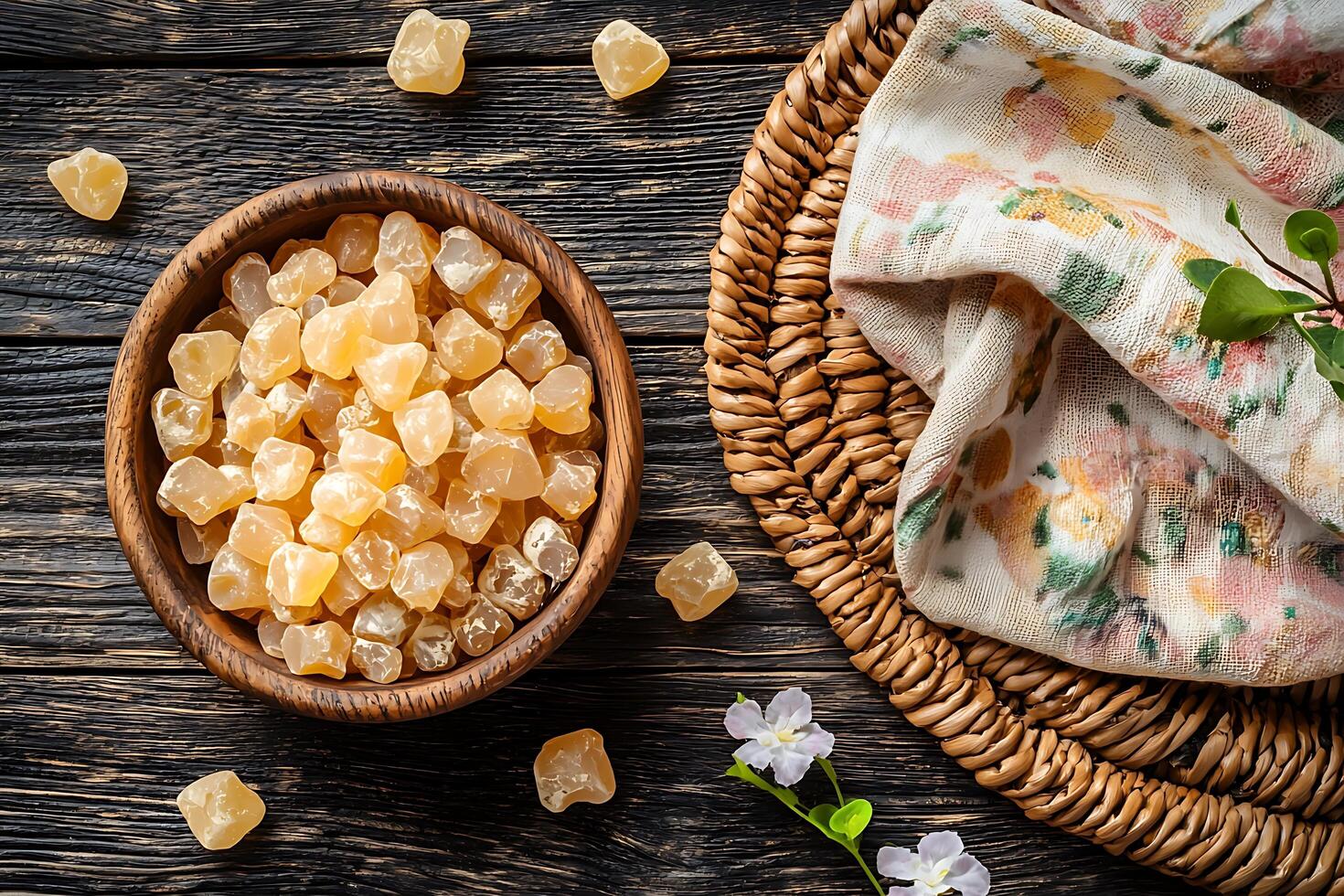 Aromatic Resin Pieces in Wooden Bowl Top View of Natural Amber on Rustic Wooden Background. photo