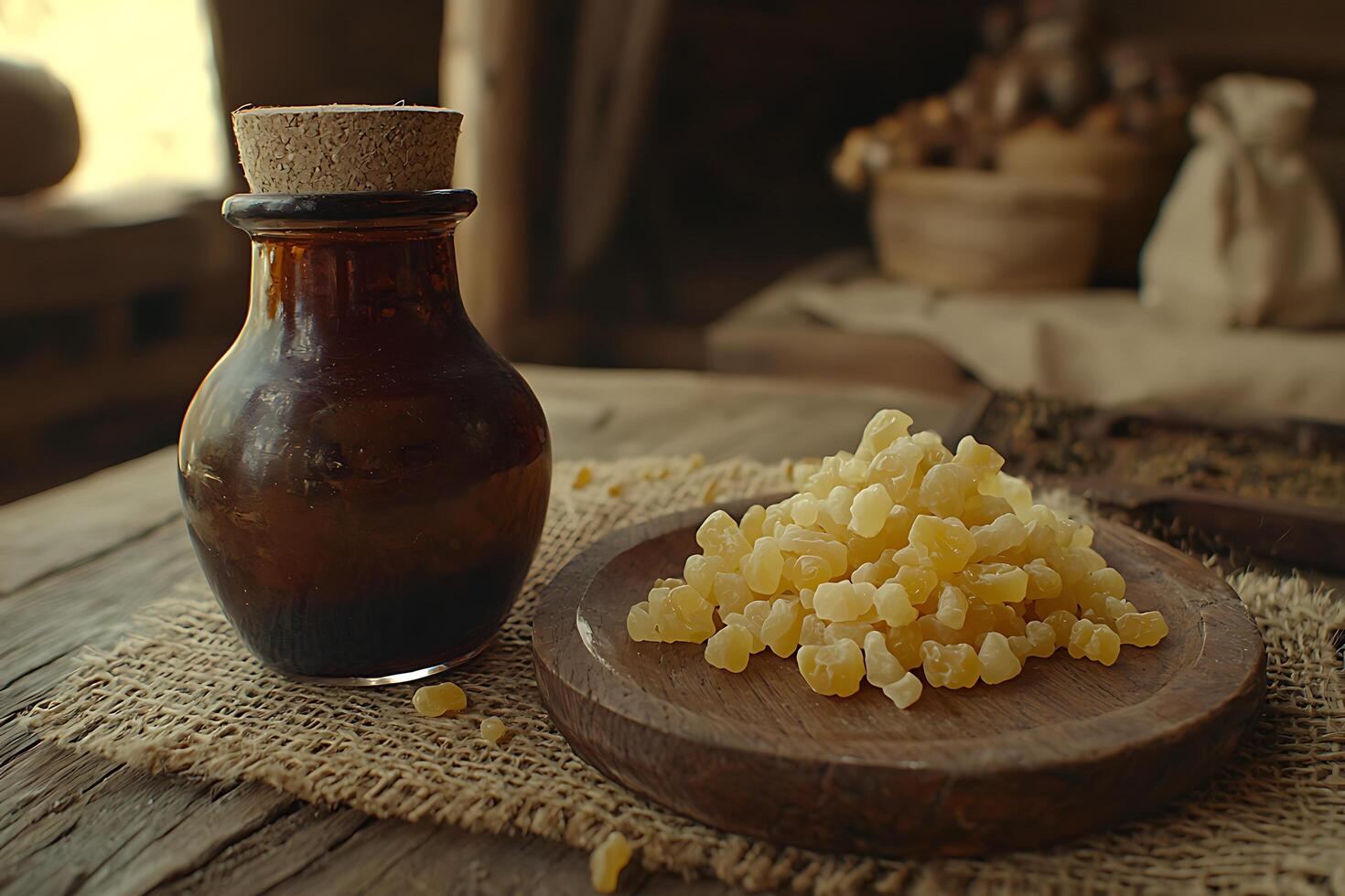 Amber Resin Pieces on Rustic Wooden Dish with Antique Bottle. A still life image depicting natural amber resin, perfect for alternative medicine, aromatherapy, or mystical themes. photo