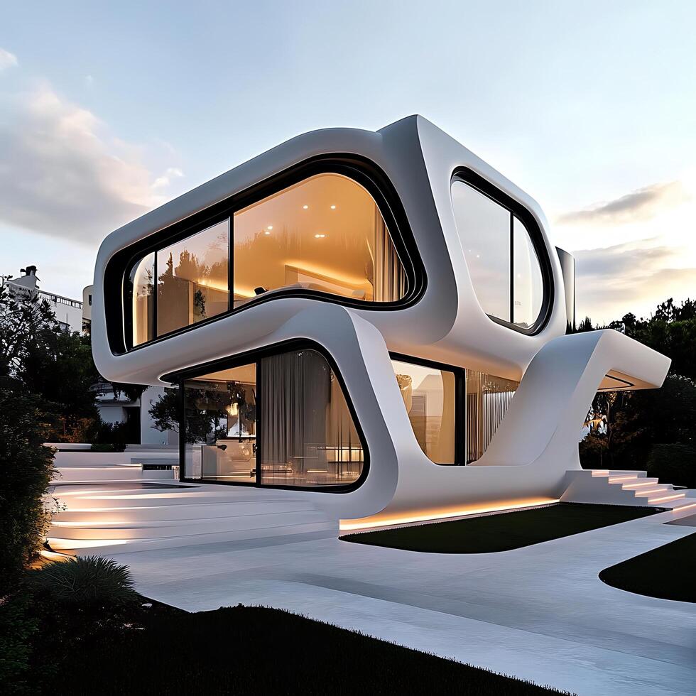 Modern Architectural Design Luxurious Curved House at Dusk. photo