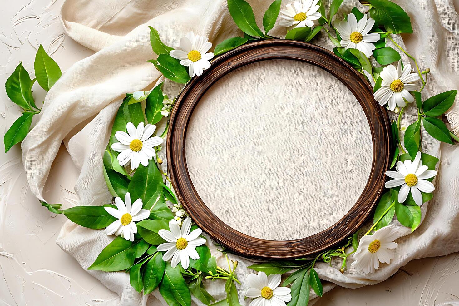 Blank Round Frame Decorated with Daisies and Fabric. A charming image perfect for invitations, announcements, or branding. photo