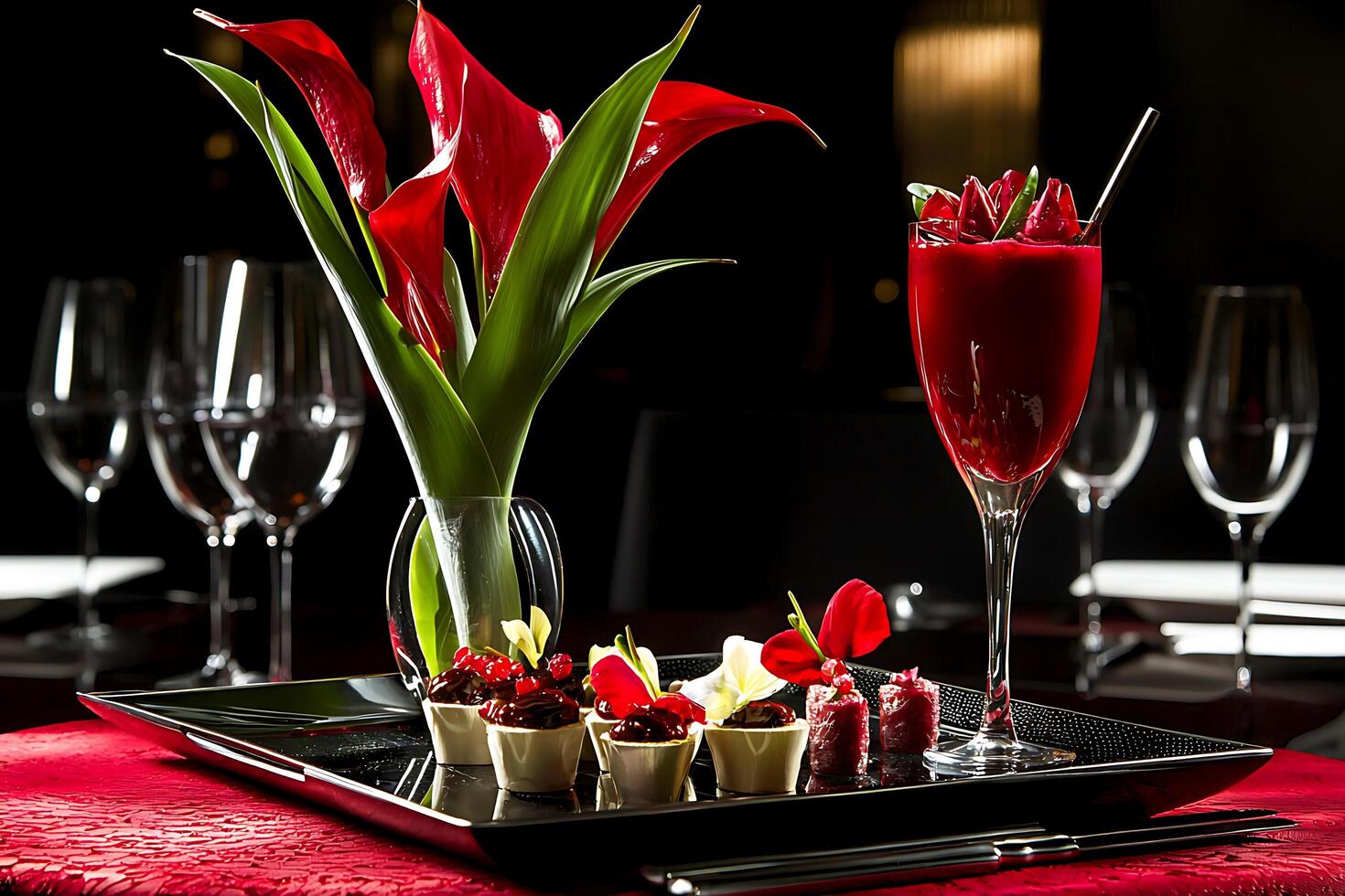Elegant Red-Themed Table Setting with Gourmet Appetizers and Cocktail. photo