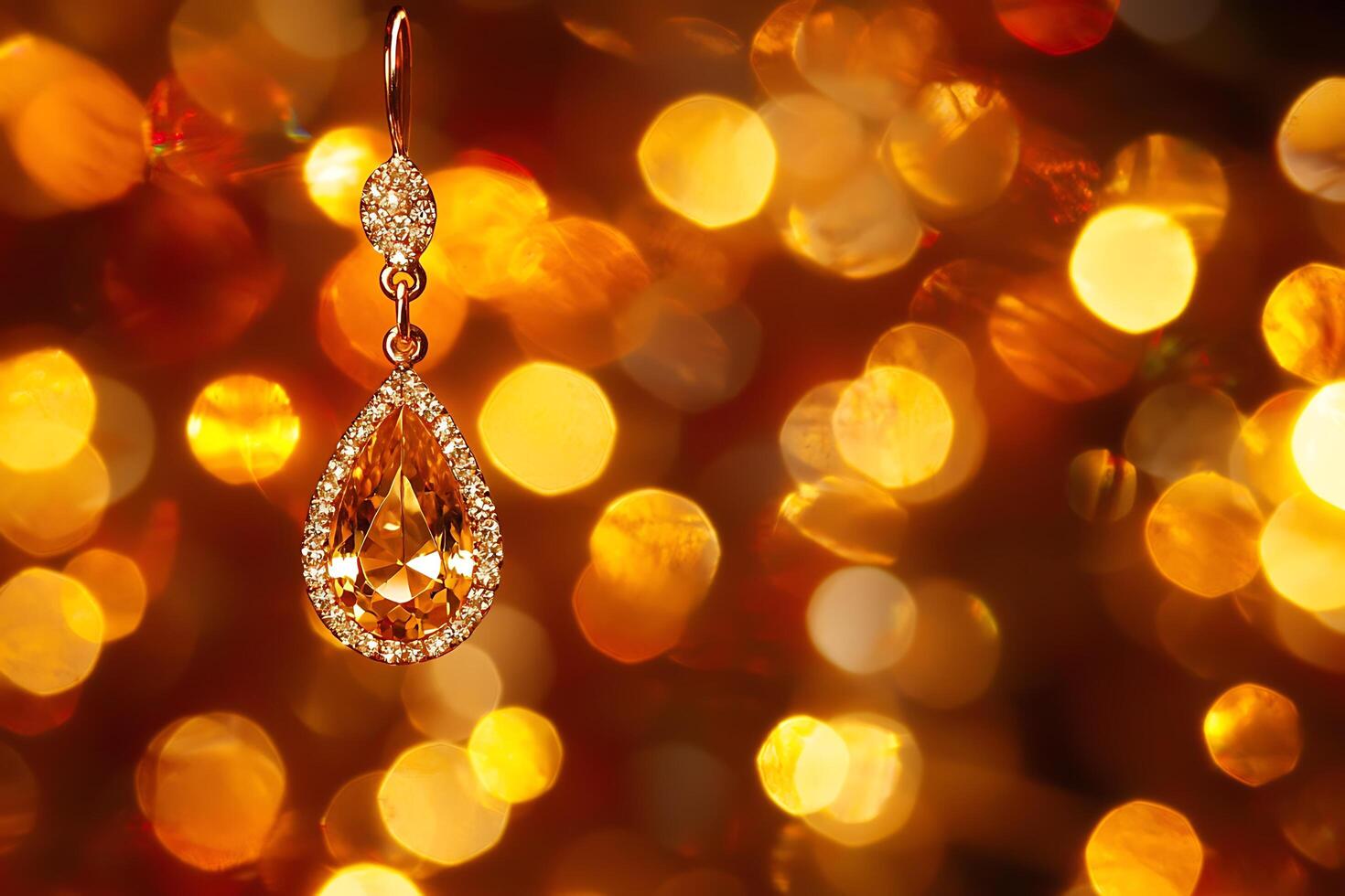 Elegant Golden Earring with Amber Gemstone and Diamond Accents against a Sparkling Background. photo