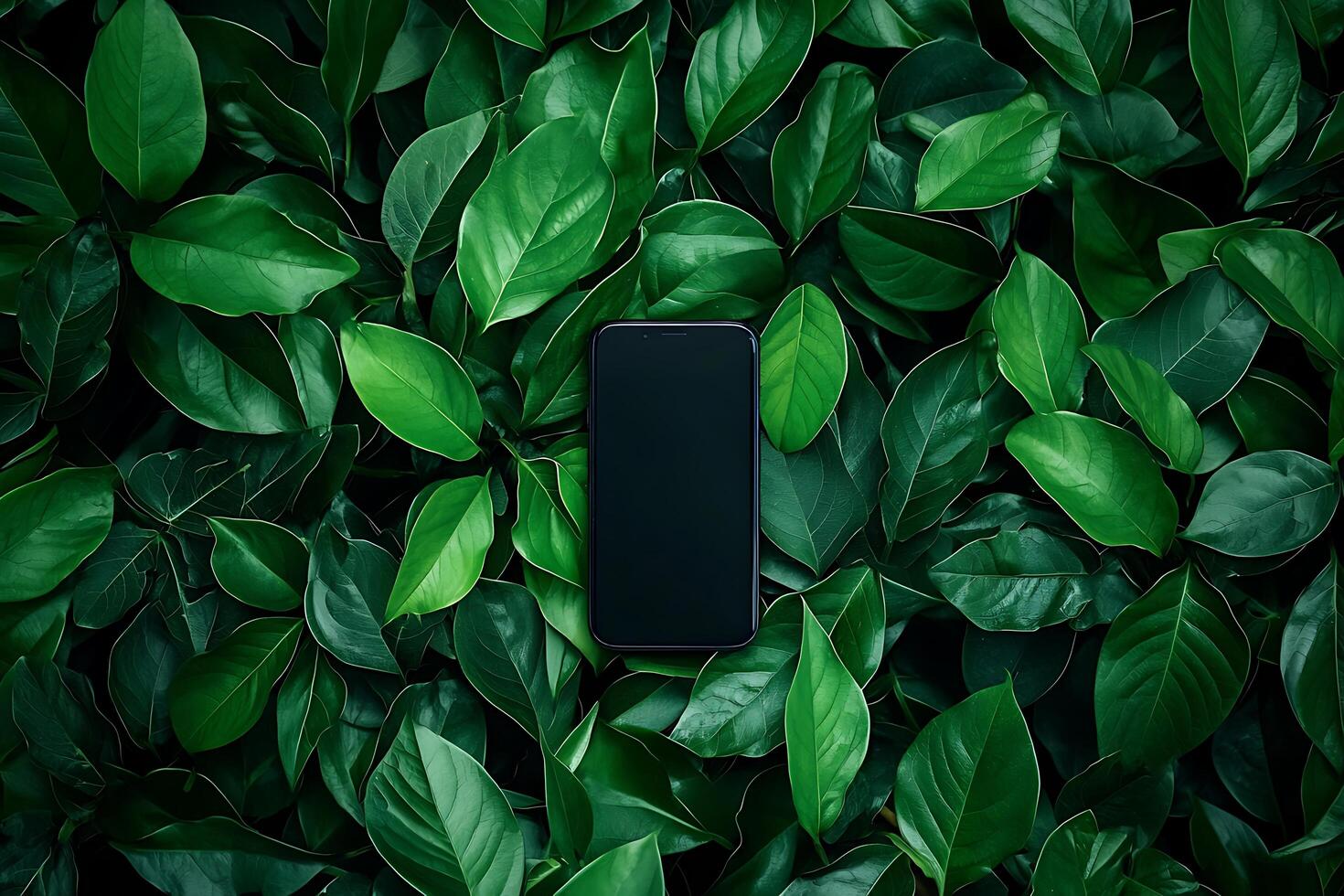 Smartphone Screen Mockup on Lush Green Foliage Background. A high-resolution image ideal for showcasing apps, websites, or mobile technology in a natural setting. photo