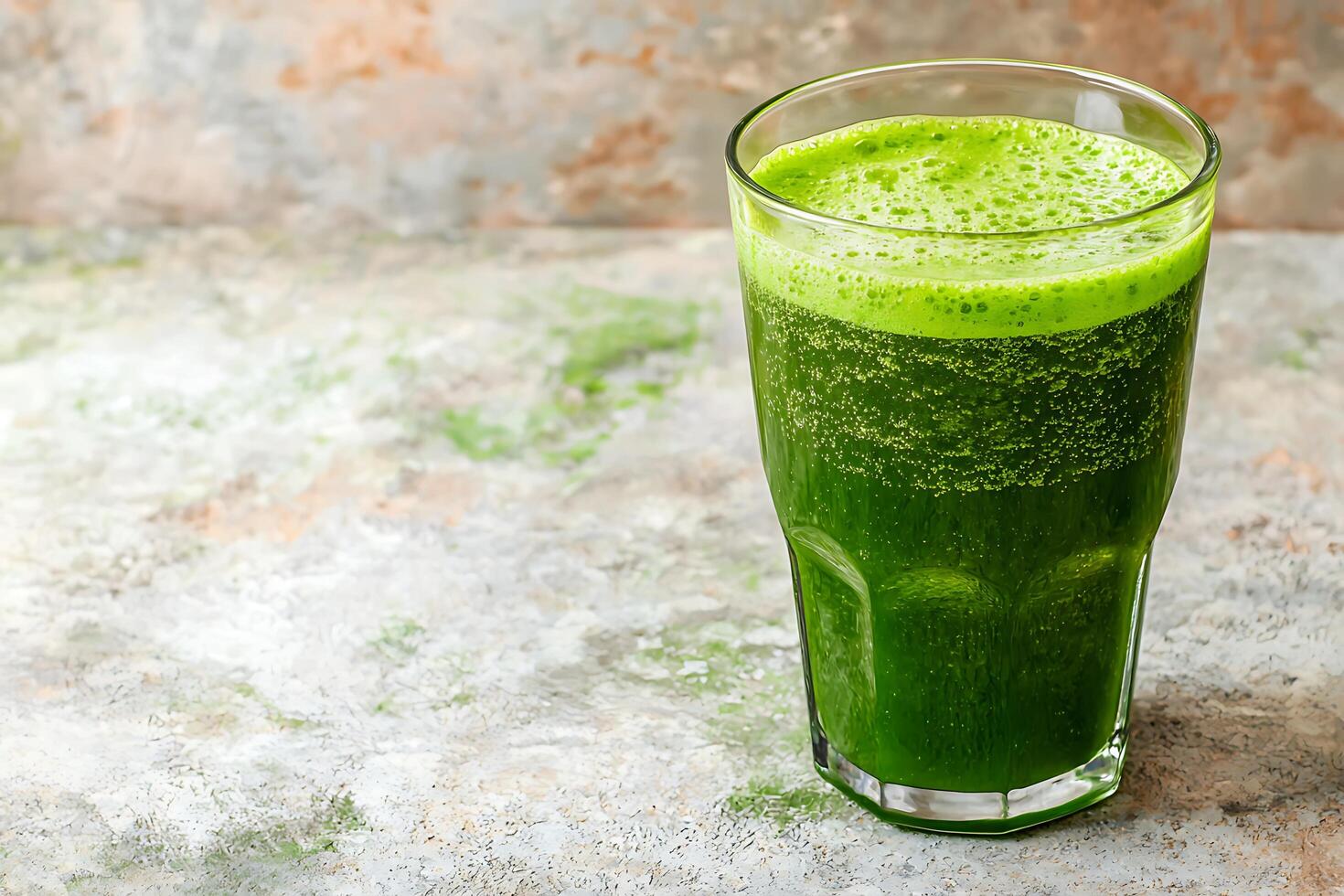 Refreshing Green Smoothie in a Glass on Textured Surface. A close-up image showcasing a vibrant green smoothie, perfect for health and wellness themes. photo