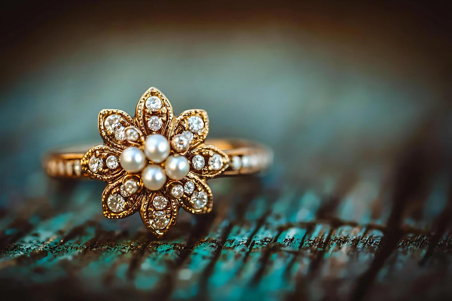Close-up of Elegant Flower-Shaped Ring with Pearls and Diamonds on Rustic Wooden Surface. photo