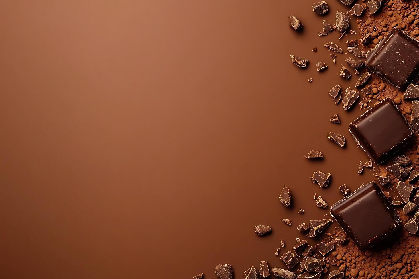 Delicious Dark Chocolate Pieces and Cocoa Powder on Brown Background Food Photography. photo
