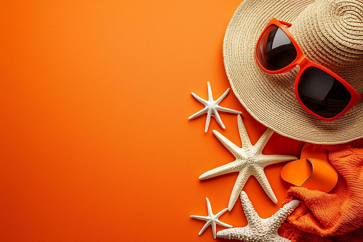 Summer Vacation Essentials Straw Hat, Sunglasses, and Starfish on Vibrant Orange Background. photo