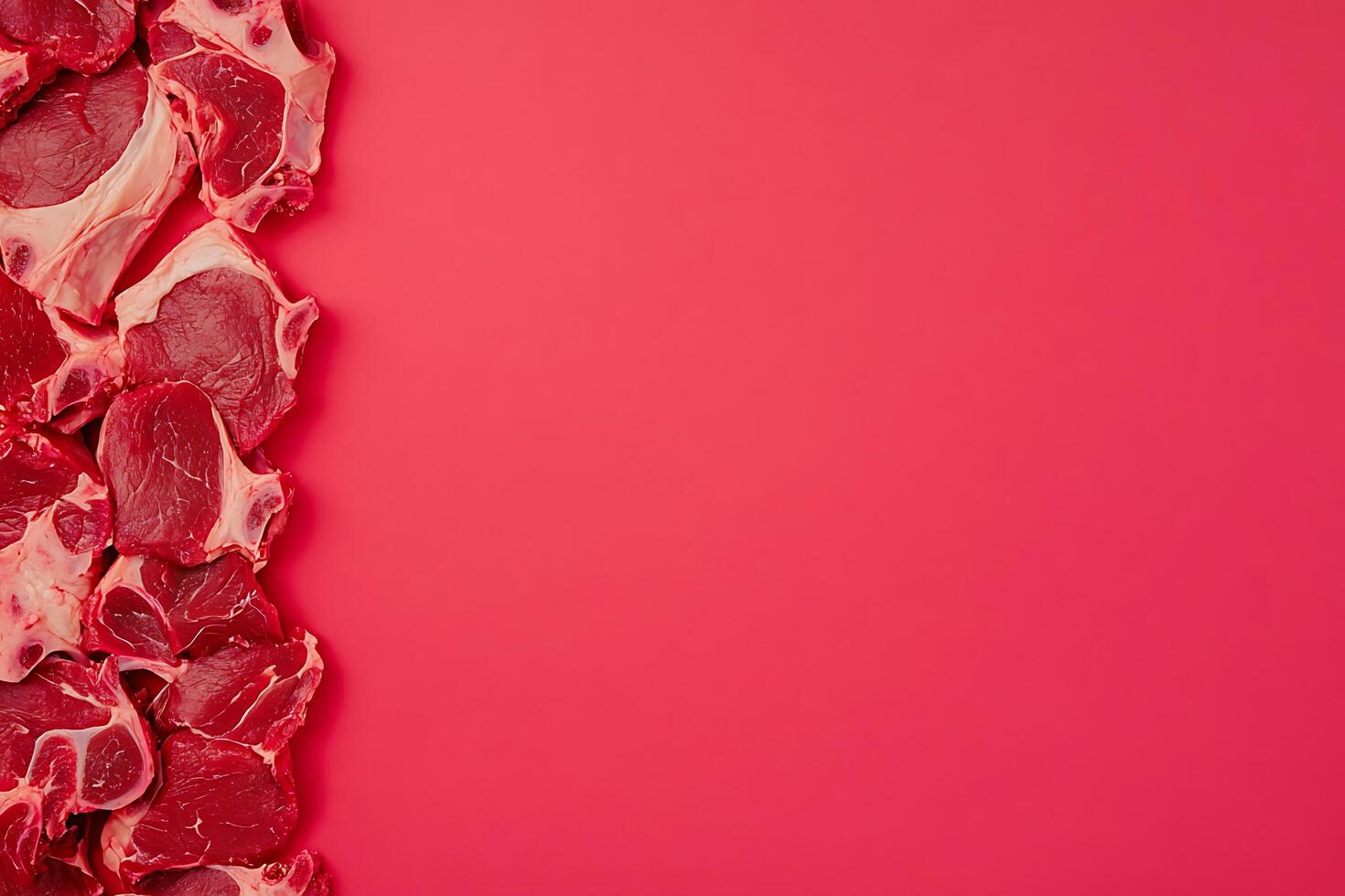 Raw Beef Steaks on Vibrant Red Background Culinary Image with Copy Space. photo