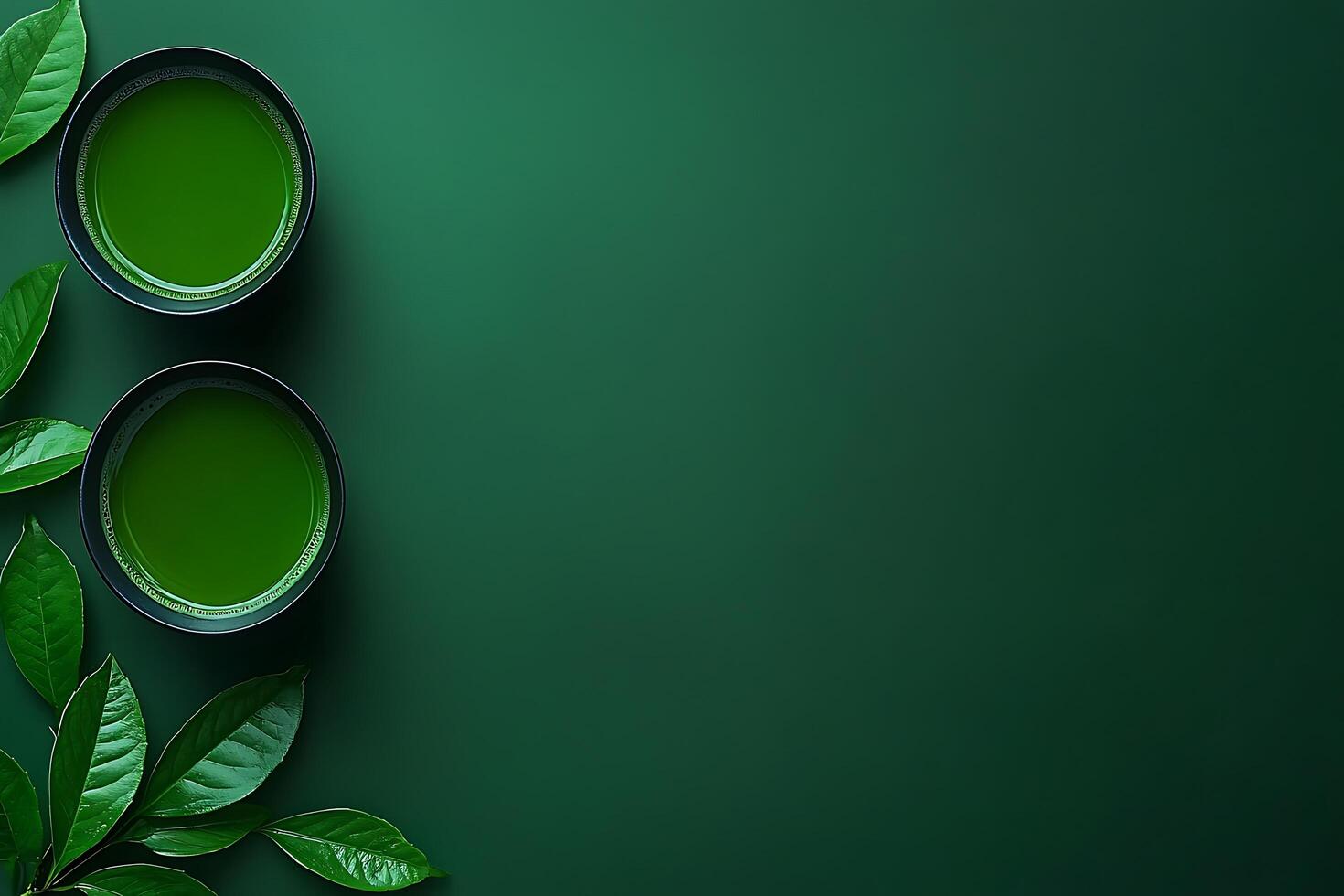Two Cups of Matcha Tea with Green Tea Leaves on a Dark Green Background. A vibrant image perfect for wellness, healthy lifestyle, or tea-related content. photo