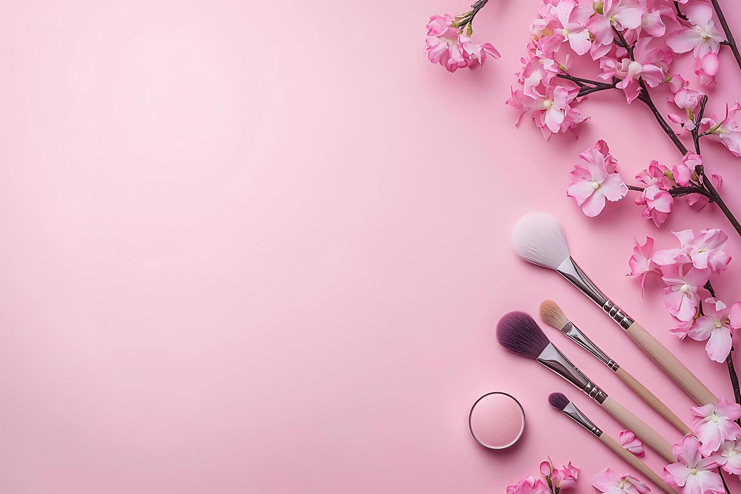 Pink Beauty Makeup Brushes and Flowers on Pastel Background. A flat lay image ideal for beauty blogs, magazines, and websites. photo