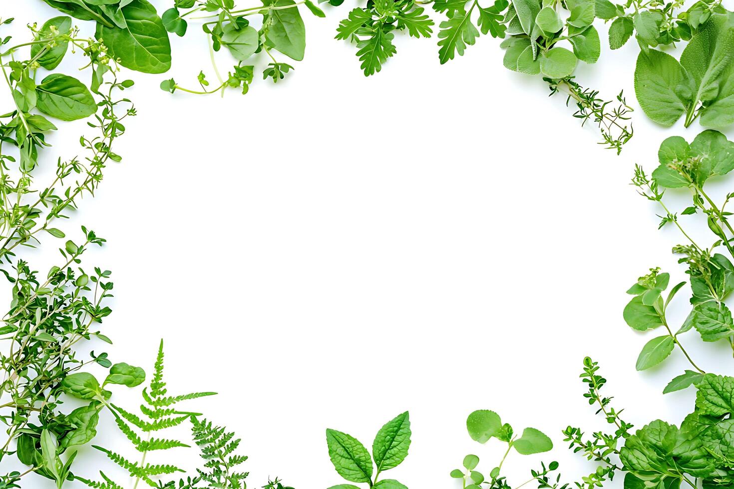 Fresh Herbs Frame A vibrant arrangement of various herbs creates a beautiful border, perfect for culinary or botanical designs. photo
