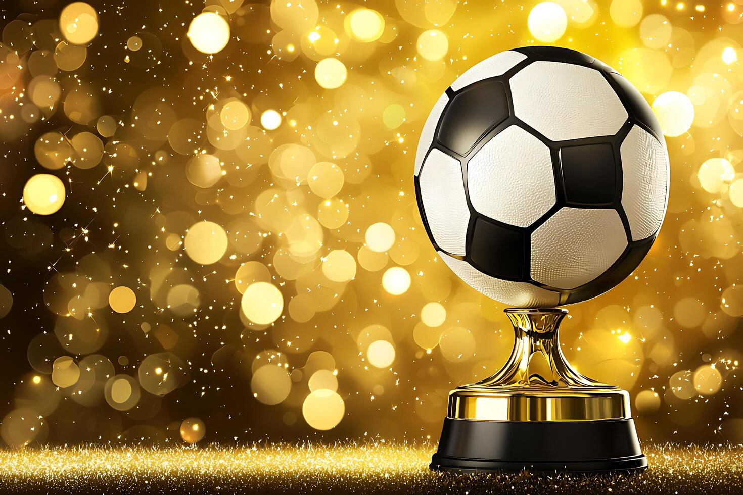 Golden Soccer Ball Trophy Award on Sparkling Background. A celebratory image perfect for sports, awards, and achievement themes. photo