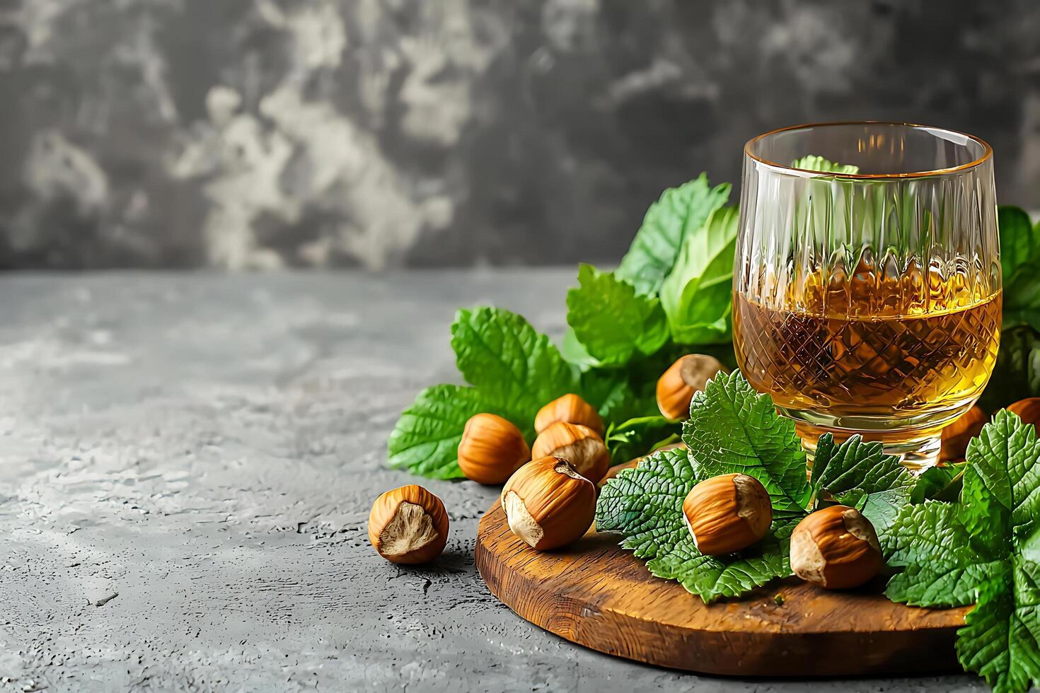 Hazelnut Liqueur and Fresh Hazelnuts on Wooden Board. A delicious autumnal still life. photo