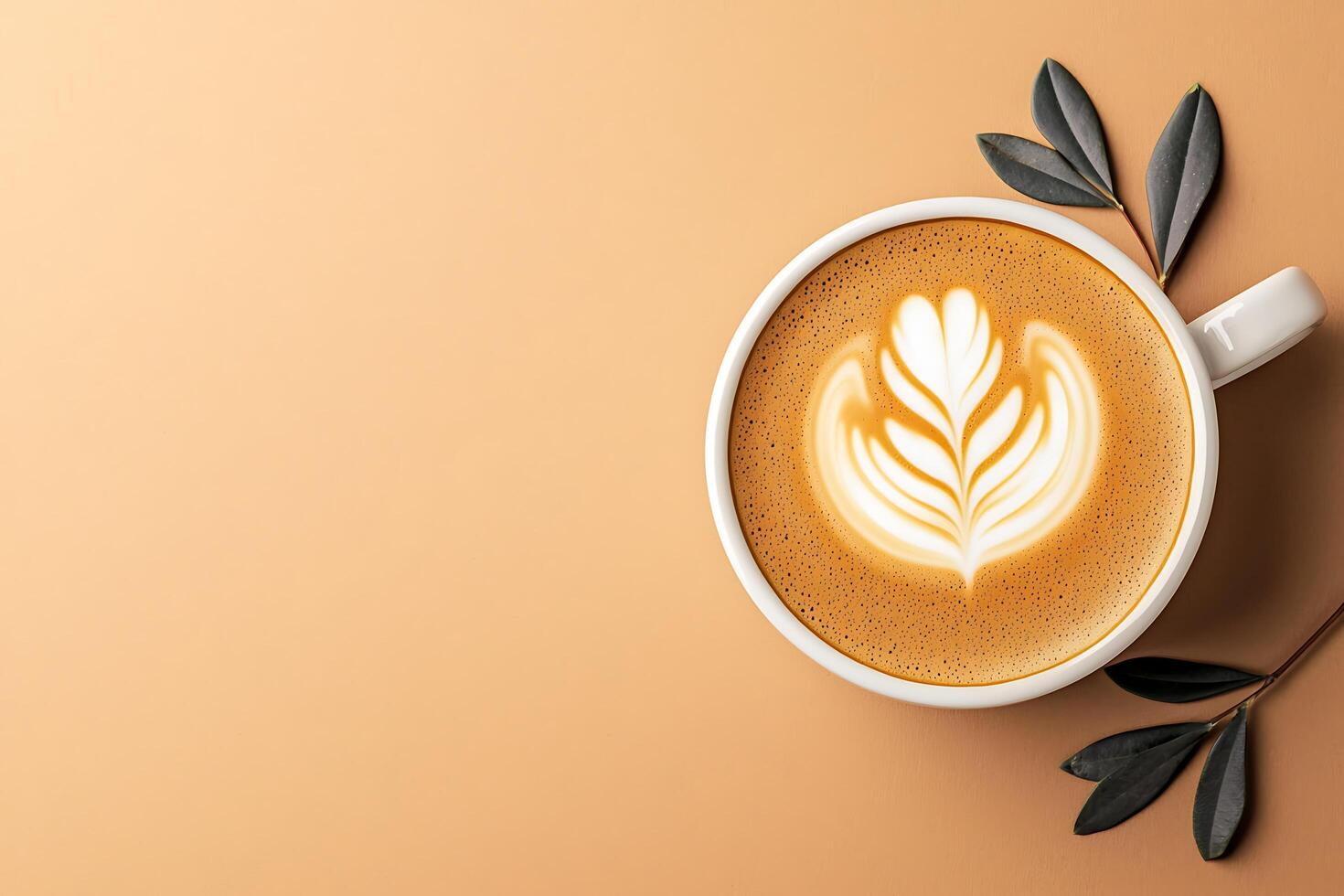 A Flat Lay of a Latte with Leaf Decorations. This image showcases a cup of coffee with latte art and natural elements for a calming and sophisticated aesthetic. photo