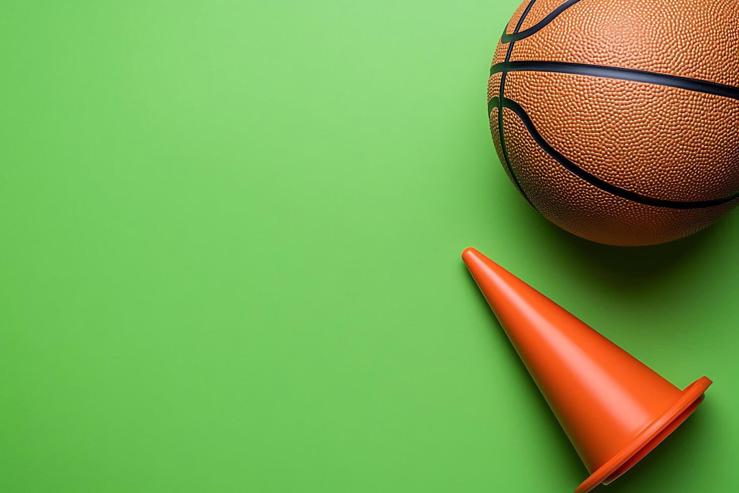 Basketball and Traffic Cone on Green Background Sport and Safety Concept. photo