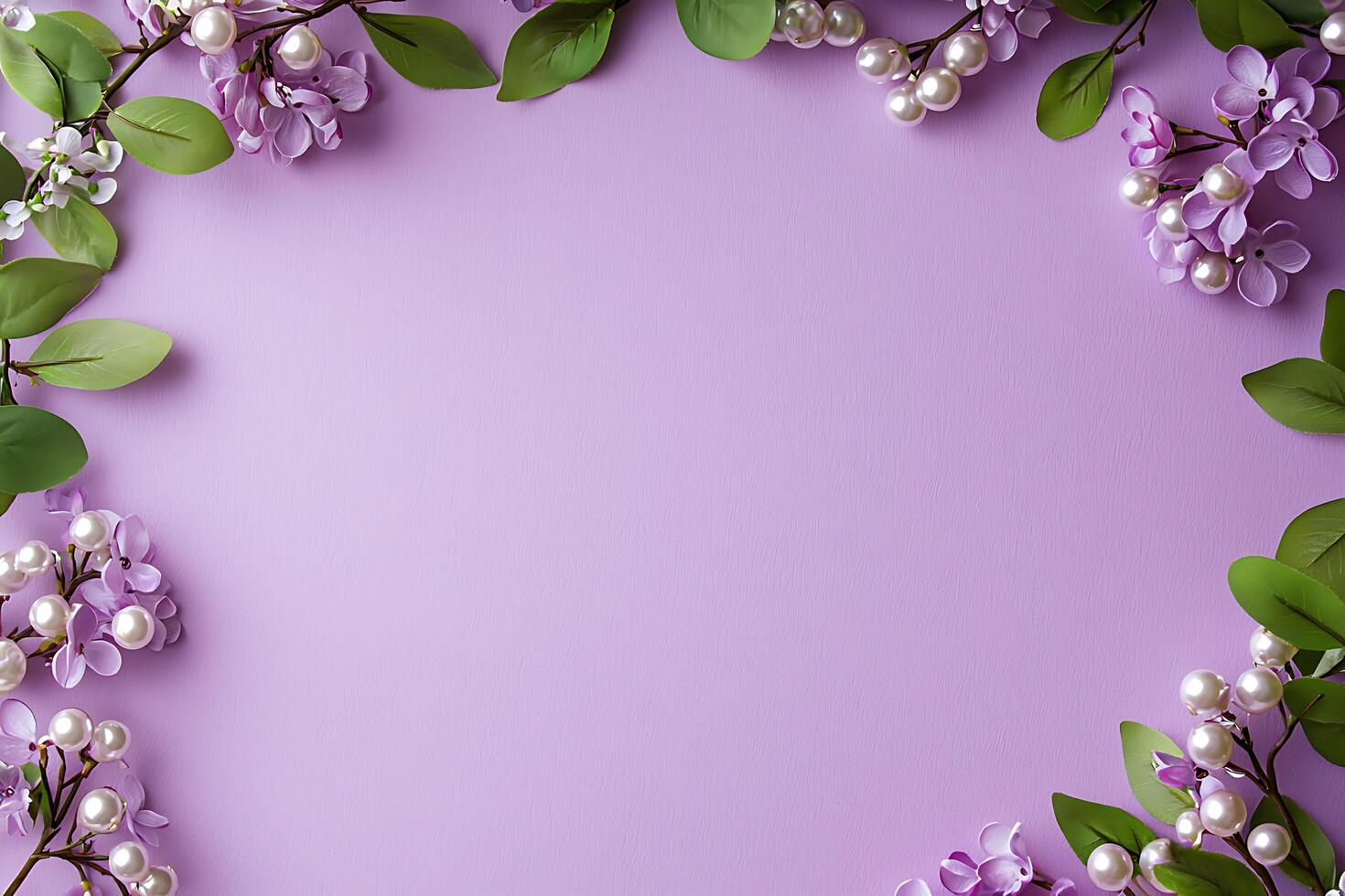 Lilac Blossoms and Pearls Frame on Lavender Background Elegant Floral Design. photo