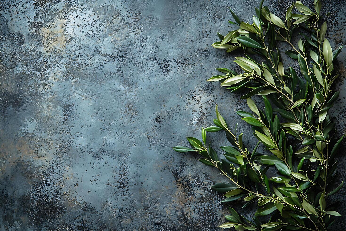 Olive Branches on a Rustic Blue-Grey Textured Background. A high-resolution image ideal for design projects and invitations. photo