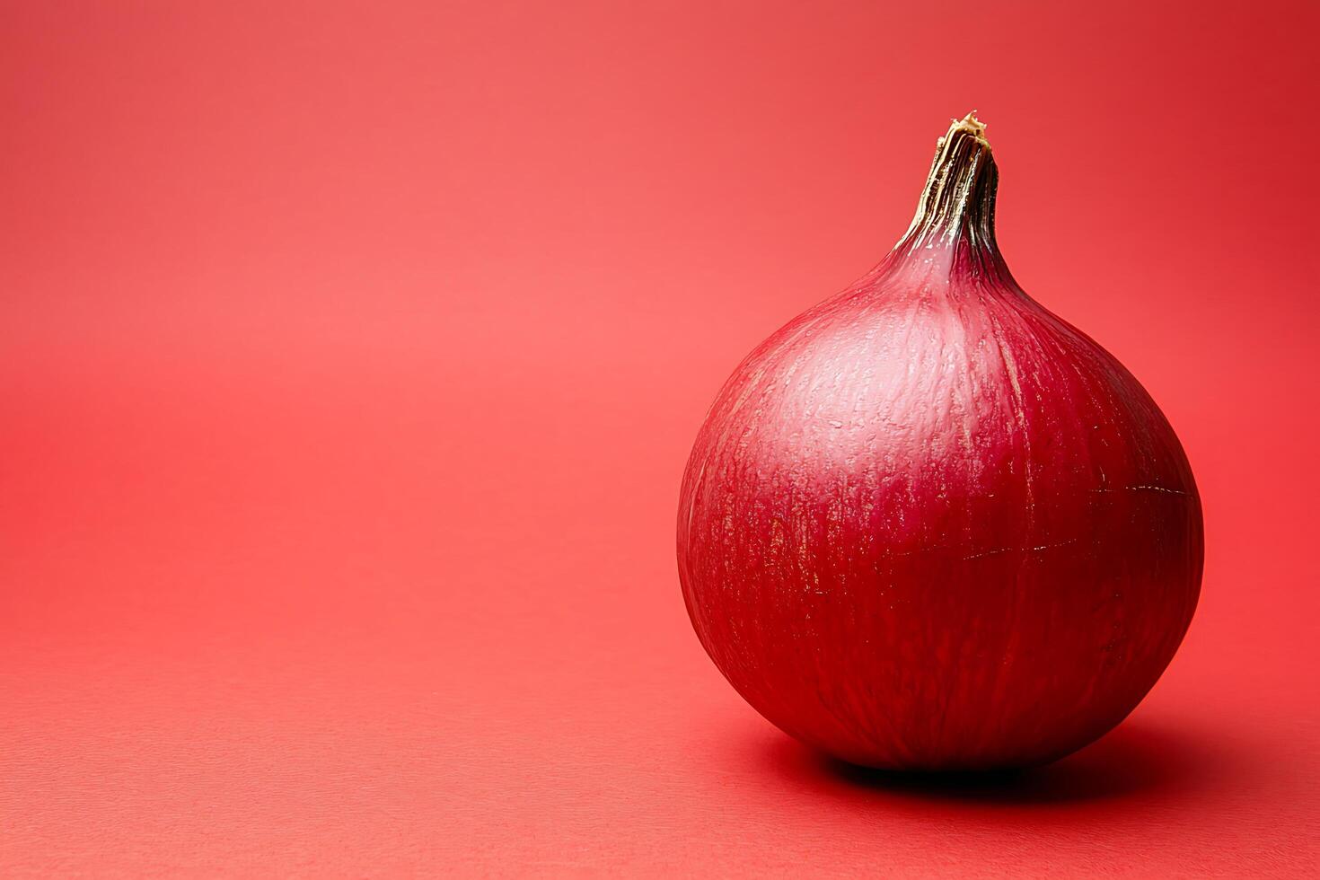 Single Red Onion on Red Background A Vibrant Culinary Still Life. photo