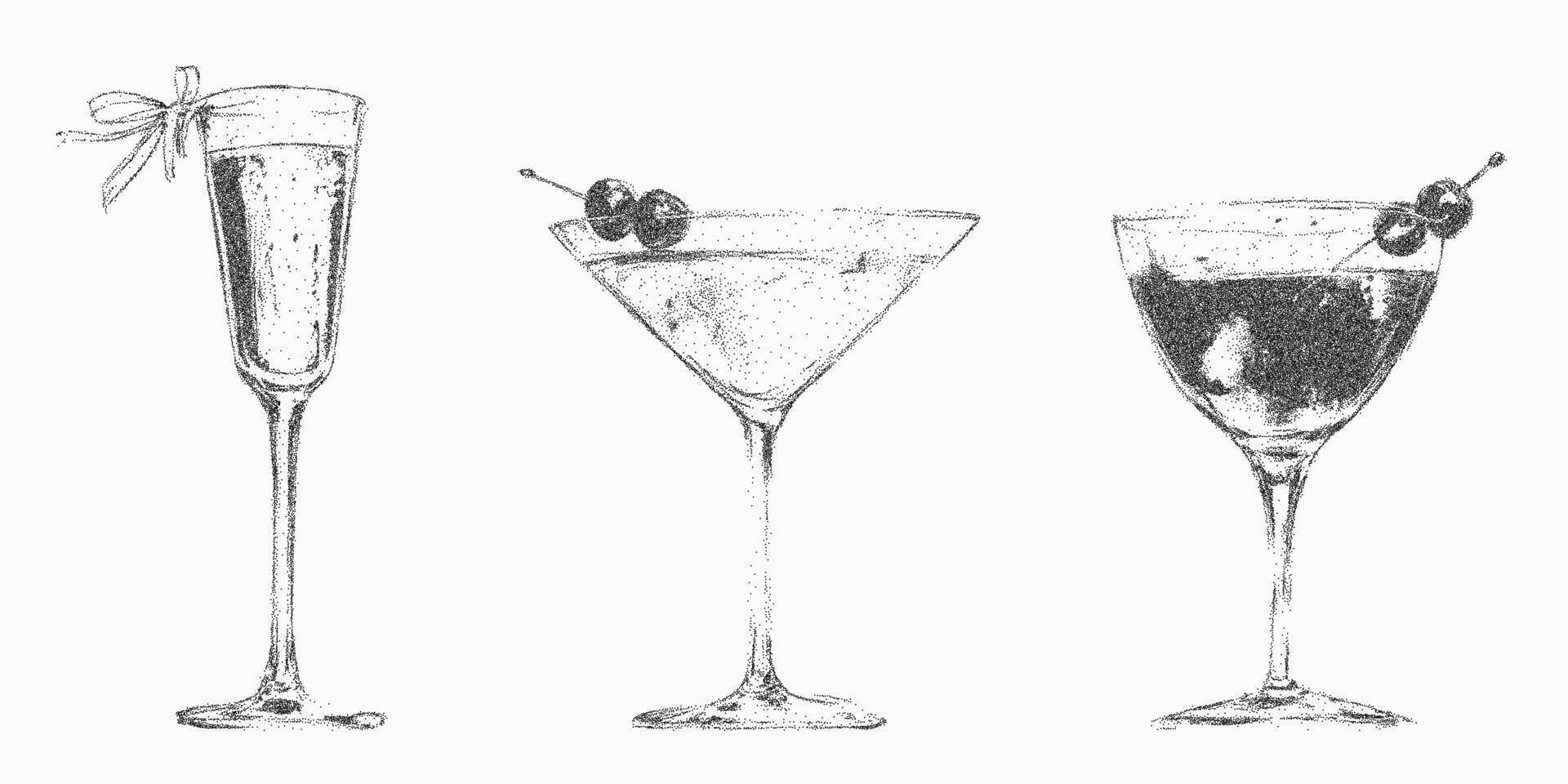 Three glasses of different shapes with cherry on top. Retro photocopy artwork with stipple shading. Gritty halftone dots and noisy threshold texture. vector