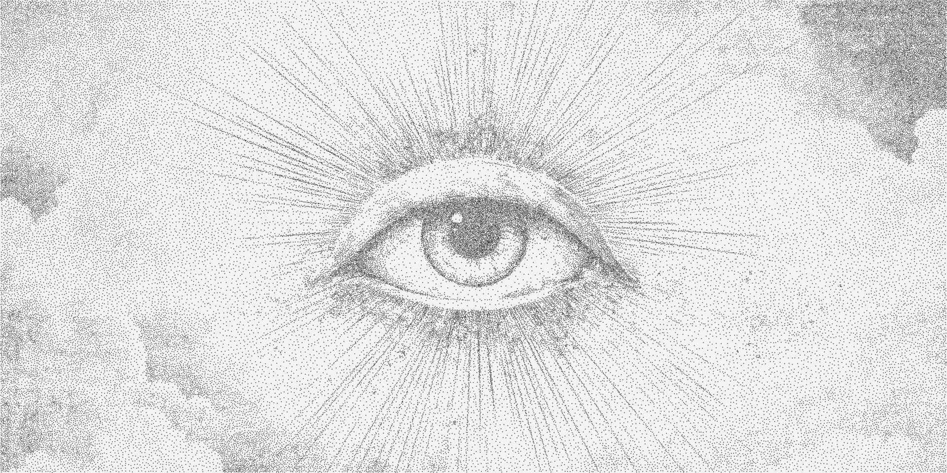 Blurry image of an eye with a black dot in the center. Retro stipple ink sketch with photocopy paper grain, rough threshold shading. Noisy gritty dot halftone effect. vector