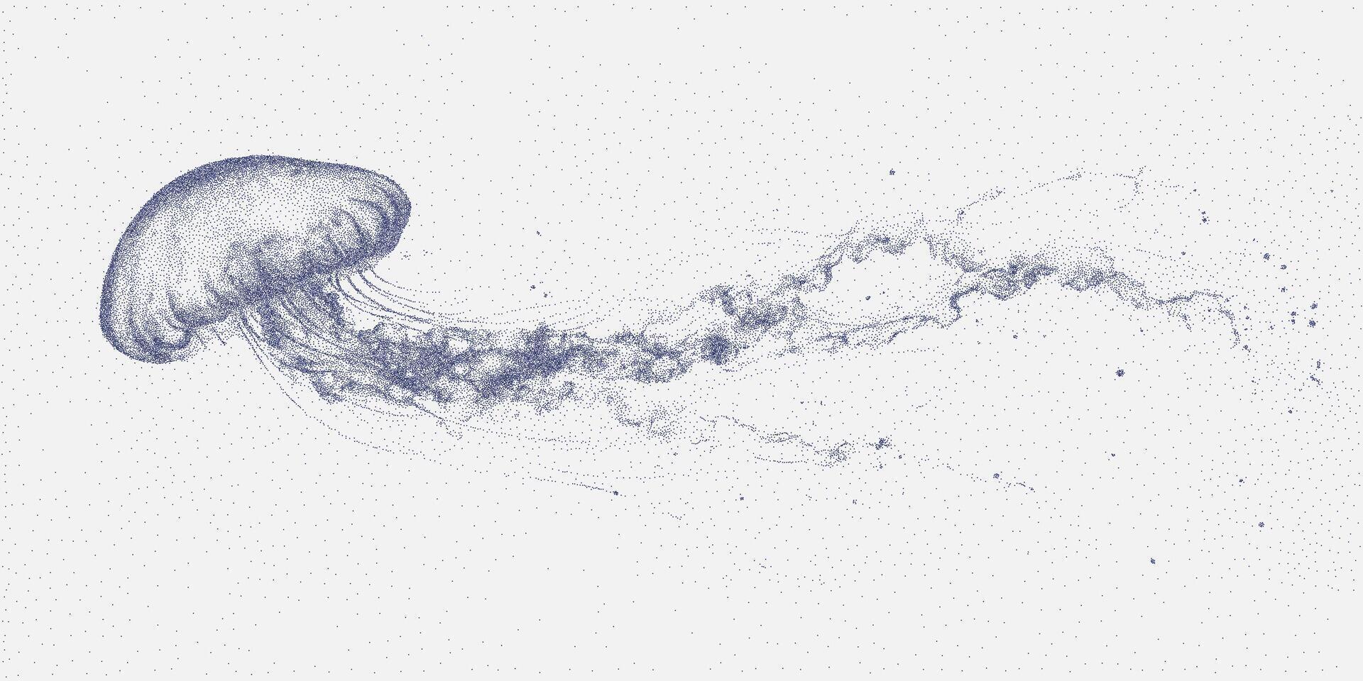 Jellyfish is blue and surrounded by many small dots. Retro pop art stipple sketch, paper photocopy texture, threshold. vector
