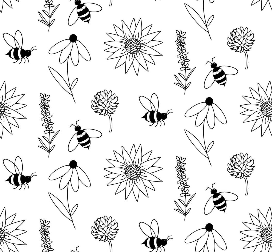 Daisy flower and bee seamless pattern. graphic line illustration. Pretty hand drawn floral print. design for fashion graphics, textile prints, fabrics, wallpapers. vector