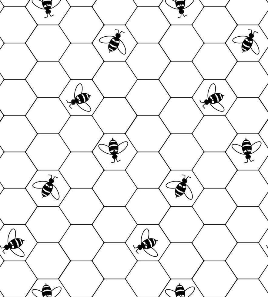 Beehive honey sign with hexagon grid cells and bee seamless pattern. graphic line illustration. design for fashion graphics, textile prints, fabrics, wallpapers. vector