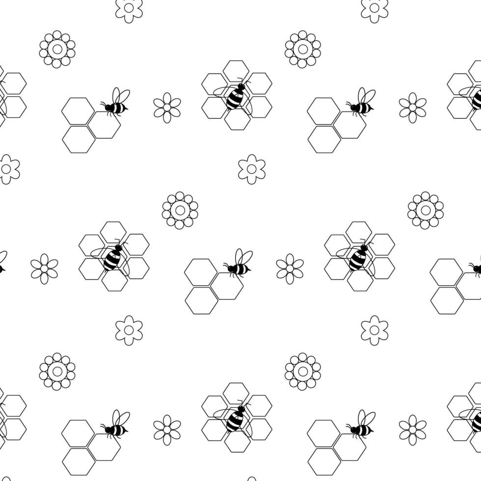 Hexagon with bees and flowers seamless pattern. graphic line illustration. Texture with hexagon of honey comb. Black grid of bee. Abstract geometric background. Hex tile of mosaic. vector