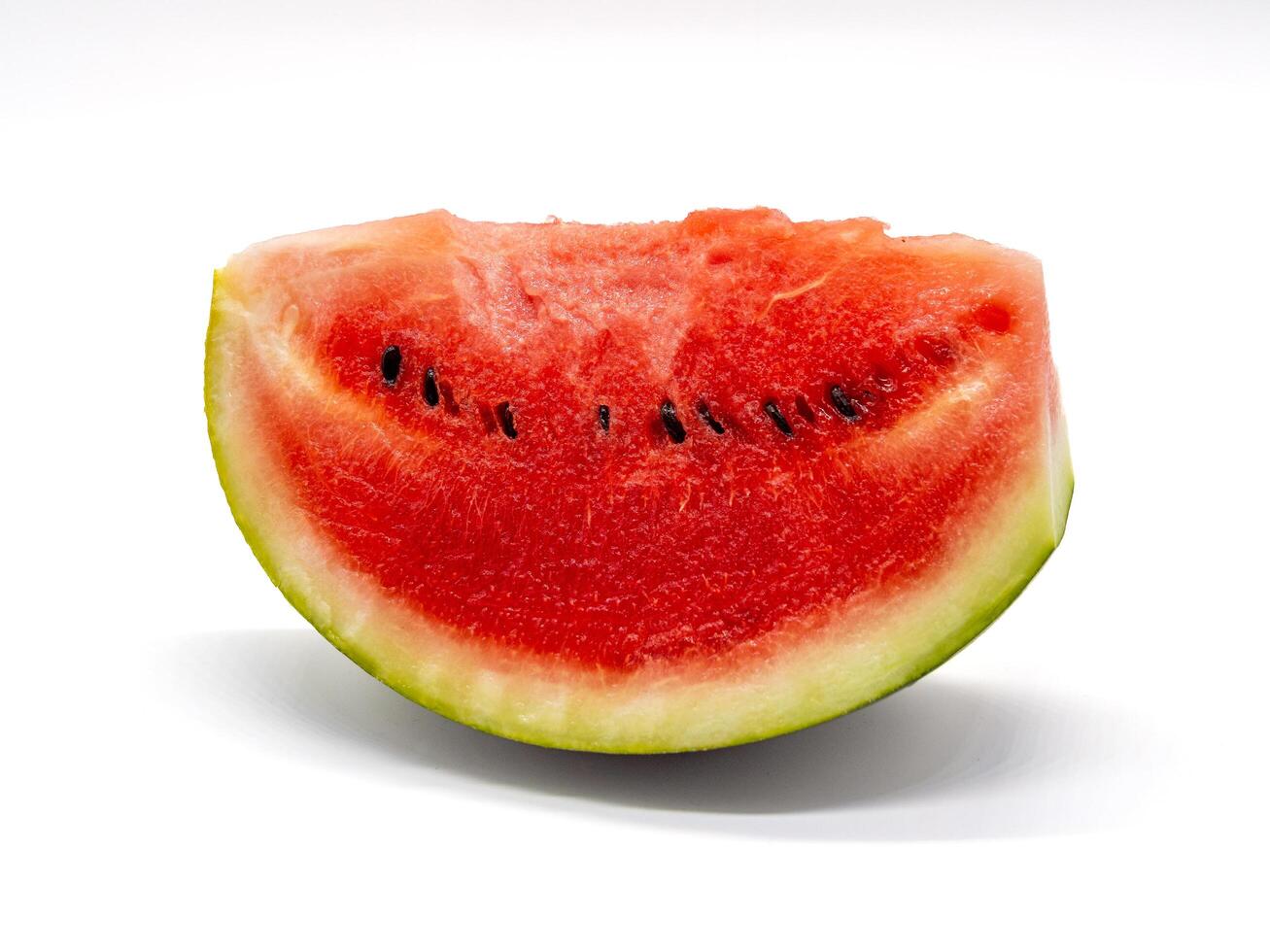 A slice of watermelon is shown on a white background photo