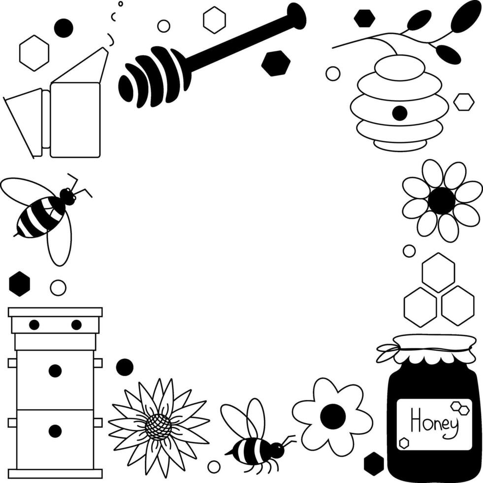 honey bees flowers Frame circle round template. graphic line illustration. Silhouette sign for logo, print, comics, fashion, pop art, boards, design, stickers, decoration, posters vector