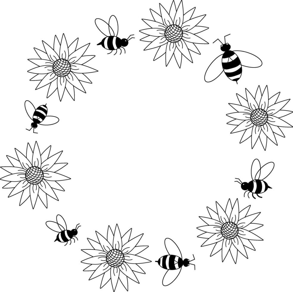 Bee and sunflower Frame circle round template. graphic line illustration. Banner, poster, wrapping paper, sticker, print, modern textile design. For logo, web, package, sticker. vector